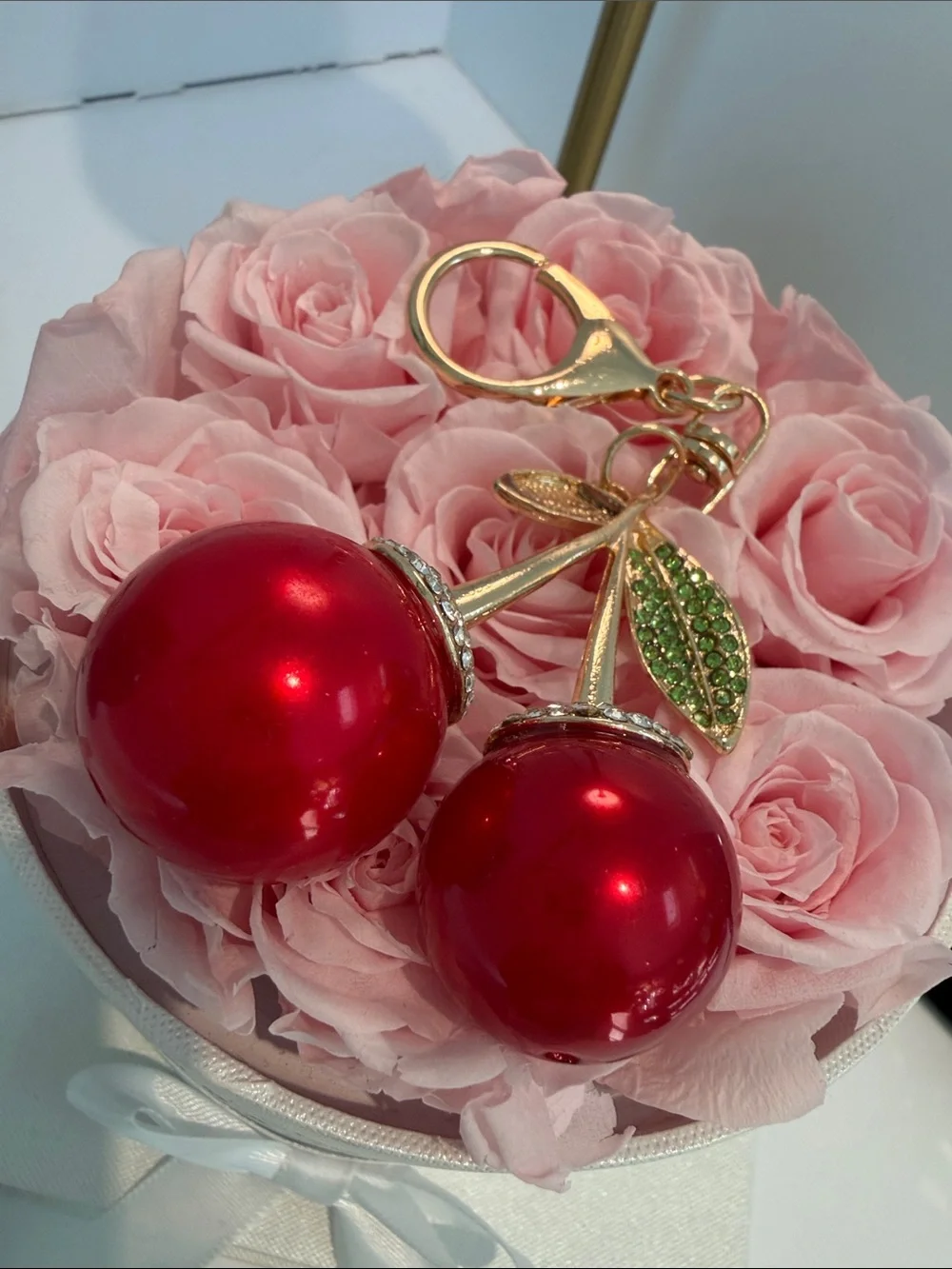 Cherry Keychain Charm in Metallic Red with Gold and Green Accents